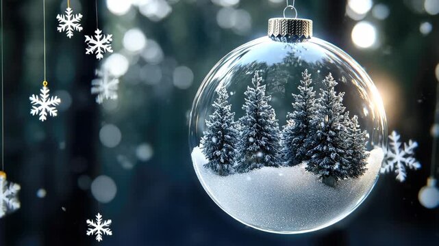 Sparkling ornament features winter scenery with trees and gentle snowflakes falling, creating a peaceful festive atmosphere