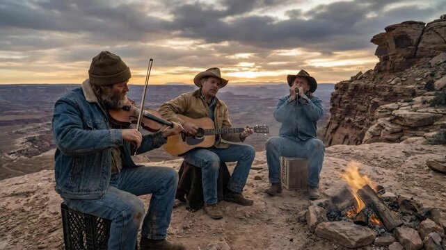 Three rugged cowboys sit around a glowing campfire on a rocky canyon rim, playing fiddle, guitar and harmonica as the desert sunset casts warm, relaxed camaraderie over the scene