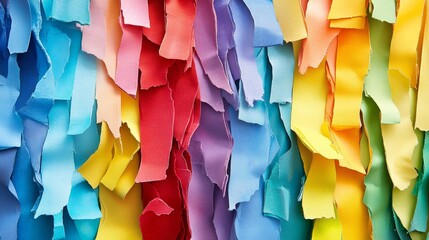 A vibrant collage of colorful paper sheets meticulously arranged in a layered pattern, showcasing a harmonious blend of bright hues such as red, blue, yellow, and green, illuminated by soft, natural