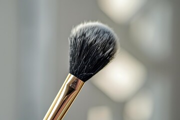 Professional makeup brush is being held up, showcasing its soft bristles for precise cosmetics application