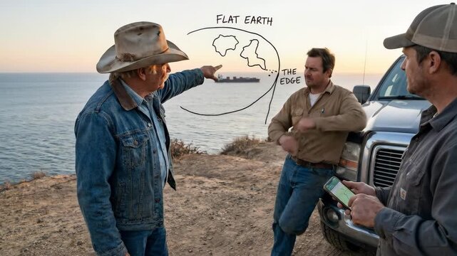 Older man in a cowboy hat standing on a cliff by the ocean, pointing towards a container ship and a drawn diagram explaining the flat earth theory to two younger men