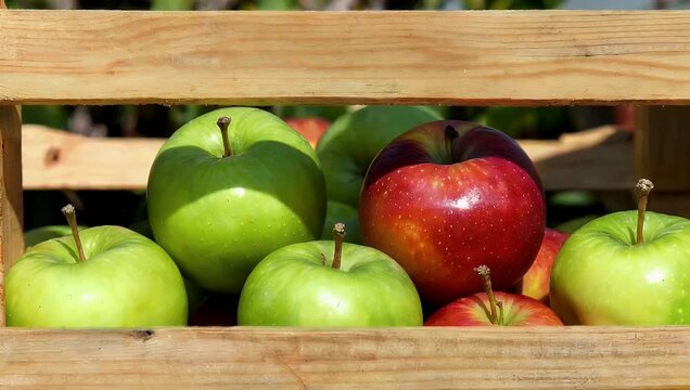 detailed 4k close up capturing fresh red and green apples arranged neatly inside rustic wooden crates symbolizing harvest autumn markets organic farming and thanksgiving mes with natural lighting and