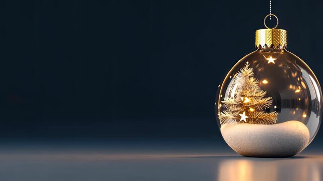 A beautiful ornament features a tiny winter landscape with a tree surrounded by snow and lights, creating a festive ambiance