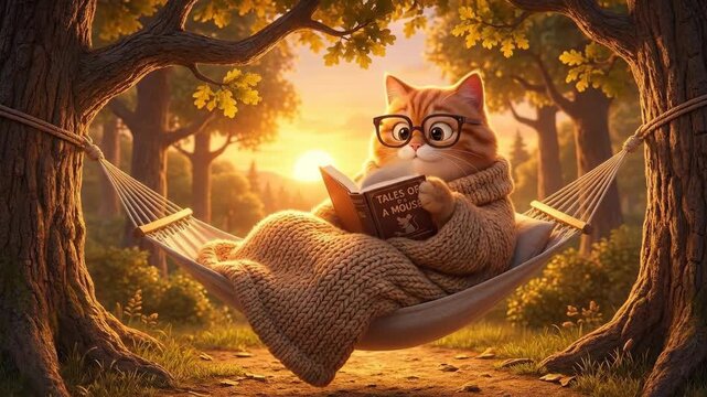 Ginger tabby cat wearing glasses and a cozy knitted sweater, relaxing in a hammock and engrossed in reading a book under the warm glow of a sunset in an autumn forest landscape