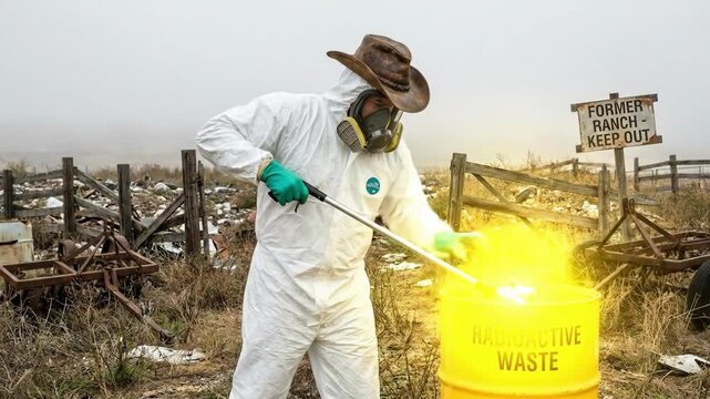 Person in hazmat suit and cowboy hat uses grabber to place glowing radioactive barrel into labeled container amid desolate, polluted former ranch with keep out sign