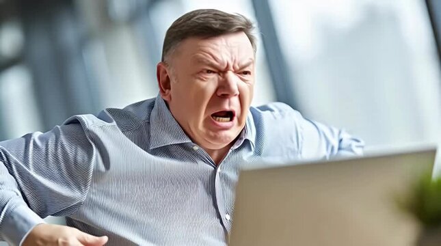 Frustrated businessman yelling in anger at his laptop expressing stress and overwhelm while working in a modern office environment