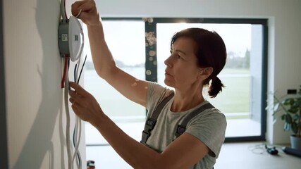 Focused woman electrician working on wires in modern home, fixing electrical system.