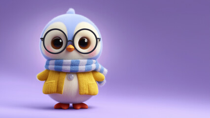 Obraz premium Niedliche 3D-Figur mit Brille und Schal in Winterkleidung auf lila Hintergrund