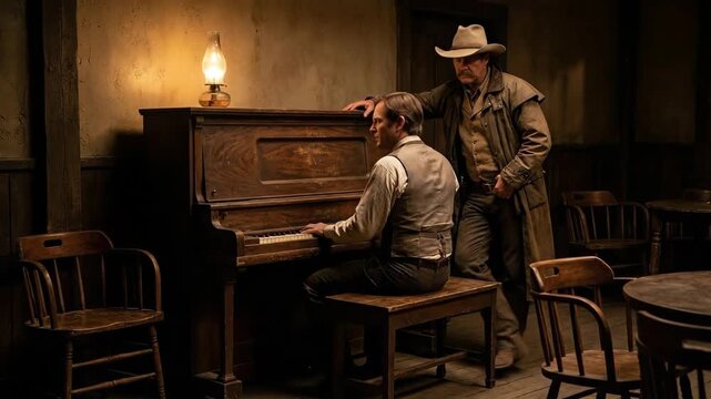 Two men reenact a vintage western saloon scene in a dimly lit tavern: one plays an antique piano while a cowboy leans on it, evoking nostalgic frontier atmosphere