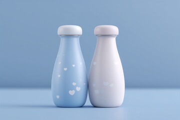 Two pastel bottles with heart pattern on blue background