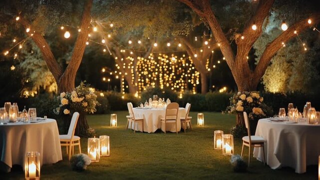 Luxurious evening garden wedding reception setup featuring white round tables, romantic golden string lighting, and bright glowing decorative lanterns.