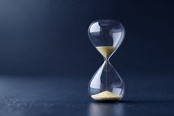 Glass hourglass with golden sand on dark blue background