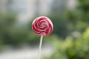 Red and white swirl lollipop outdoors with blurred background