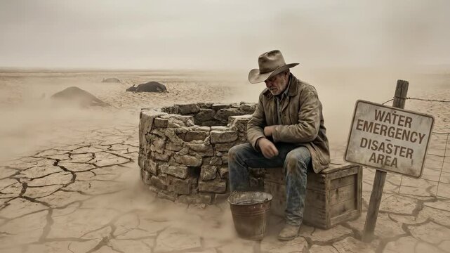 Farmer sits by a dry well holding an empty bucket, gazing at dead cattle on cracked, barren earth beneath a water emergency sign, showing drought and climate crisis