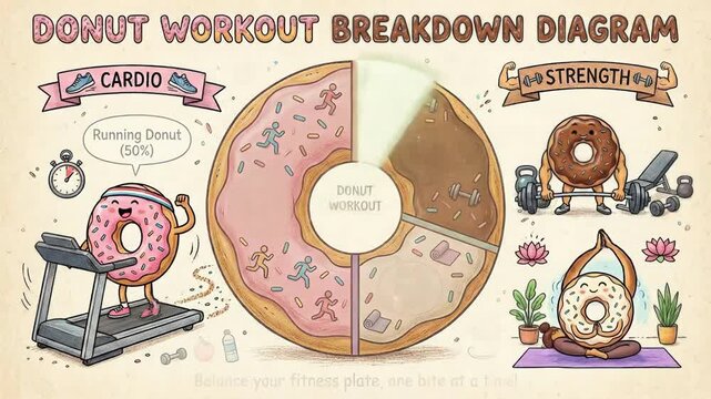 Donut characters representing cardio, strength, and stretching on a pie chart, humorously visualizing a balanced fitness routine and healthy lifestyle choices