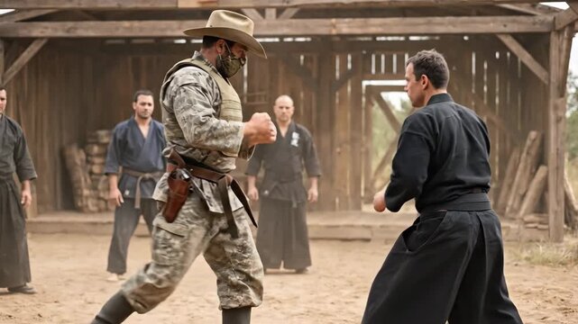 Man dressed in cowboy hat and tactical camouflage gear practicing martial arts with a punch, confronting other men wearing traditional black gi in an outdoor dojo setting