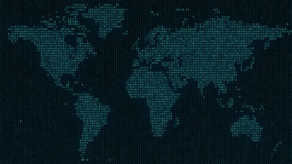 Looping Digital World Map of Binary Code and Numbers on Futuristic Global Network Background - Powered by Adobe