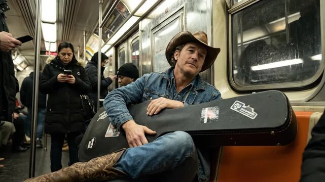 Cowboy musician sitting inside a subway train car, holding a guitar case on his lap, traveling through the urban underground system surrounded by diverse passengers