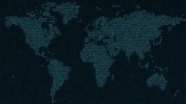 Looping Digital World Map of Binary Code and Numbers on Futuristic Global Network Background