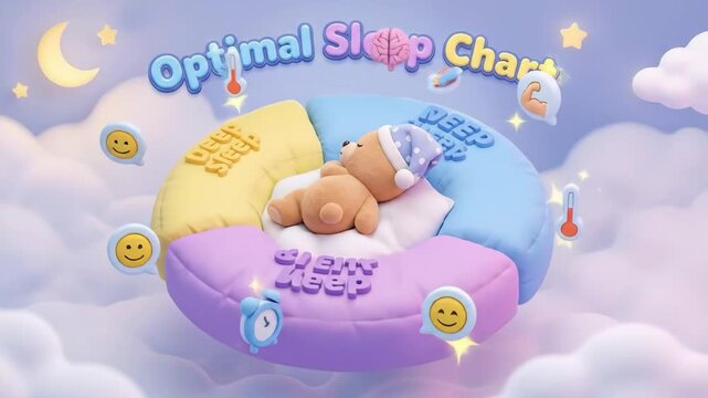 Teddy bear sleeping soundly on pillows representing deep, rem, and light sleep stages with corresponding health benefit icons, floating on clouds under a star-filled sky