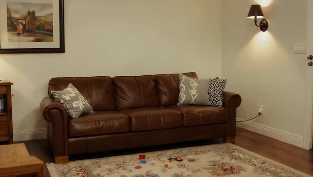 comfortable 4K interior setting showcasing cozy contemporary living room area featuring plush couch and patterned area rug making it excellent versatile setting for everyday use or as warm inviting