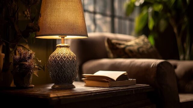 Medium frame capturing a metalbased table lamp with detailed stamped design illuminating a cozy reading nook with soft light.