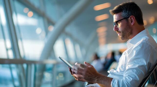 Focused businessman in a modern airport lounge uses his tablet to review documents and stay connected while waiting for his flight