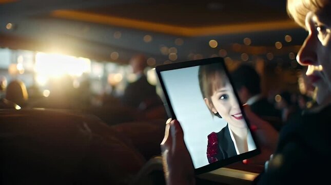 Woman watching a makeup tutorial on tablet in dimly lit theater demonstrating beauty education and online learning for aspiring professionals - Powered by Adobe