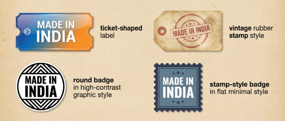 made in india sticker set featuring multiple badge and label designs with the text made in india