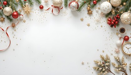 Christmas and New Year white background with elegant festive decorations creating a bright seasonal holiday atmosphere