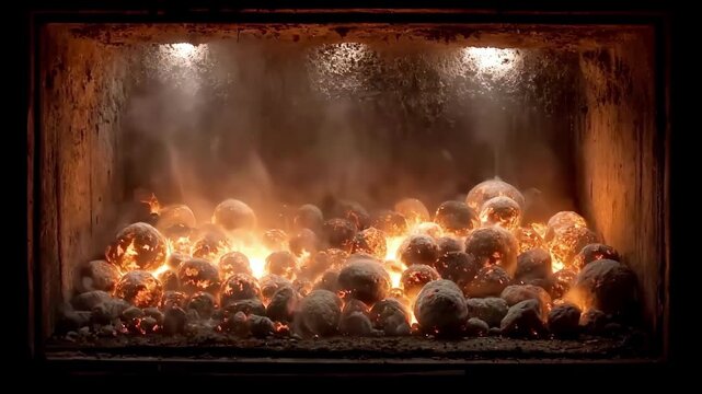 Footage of metal solidification within a cooling chamber during the continuous casting process illustrating temperature control and structural formation of ingots.