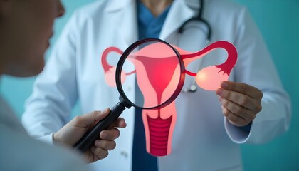 Women health check concept. doctor is holding a magnifying glass with uterus symbol to Medical check uterus female reproductive system, PCOS, ovary gynecologic and cervical cancer 