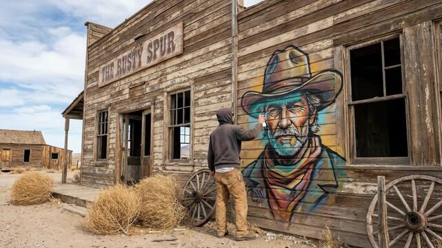 Artist spray painting a colorful cowboy character mural on the rustic wooden facade of an abandoned the rusty spur saloon in a historic wild west ghost town