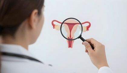 Women health check concept. doctor is holding a magnifying glass with uterus symbol to Medical check uterus female reproductive system, PCOS, ovary gynecologic and cervical cancer 