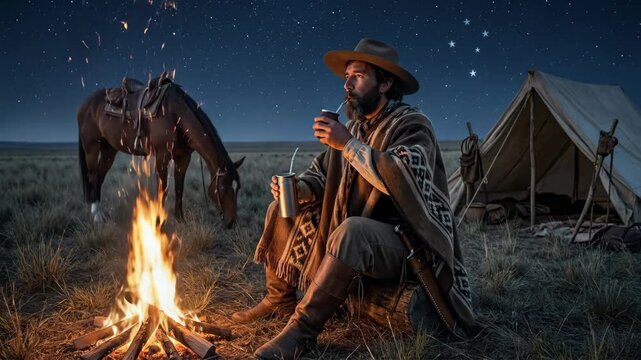Gaucho resting by a warm campfire in the pampas, preparing mate beside his horse and tent under a clear night sky with the southern cross, solitary rural tradition