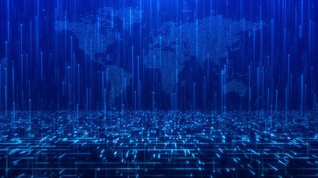 Looping Rising Blue Data Lines from Digital Grid Floor with Global World Map and Cloud Upload Concept