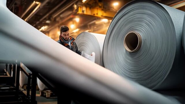 Medium shot of technician analyzing biosensor data for detecting print defects in newsprint production focusing on realtime quality control and environmental impact.