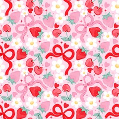 Seamless Coquette Cherry and Strawberry Pattern with Bows, Hearts and Floral Elements in Pink Pastel Kawaii Style