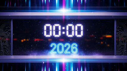 Focused on a futuristic digital clock displaying "00:00" and "2026" with vibrant blue and magenta light streaks in a high-tech setting, signaling a new beginning.