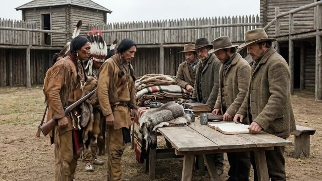 Native american men and frontiersmen standing together around a wooden table in a log fort, trading animal pelts and blankets, symbolizing intercultural exchange and historical interactions