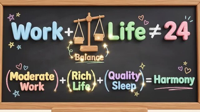 Conceptual rendering showing a work life balance equation on a chalkboard, illustrating the importance of moderate work, rich life, and quality sleep for achieving harmony and overall wellbeing