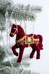 Red Velvet Horse Christmas Ornament Hanging on the Christmas Tree