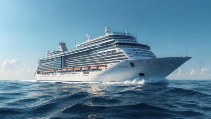 A large, white cruise ship sails across calm blue ocean waters under a clear, bright sky