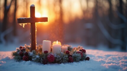 A cross with an Advent wreath in the snow at sunset creates a warm, festive winter atmosphere. 
