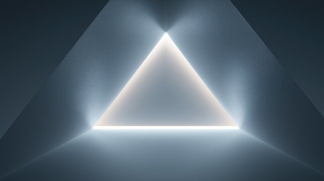 A centered white triangular light shape illuminating a dark room with gray wall background and soft lighting for calm mysterious atmosphere. - Powered by Adobe