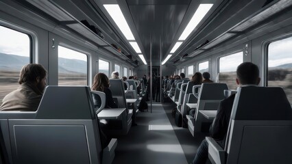 Interior view of a train car with passengers looking out at a rural landscape