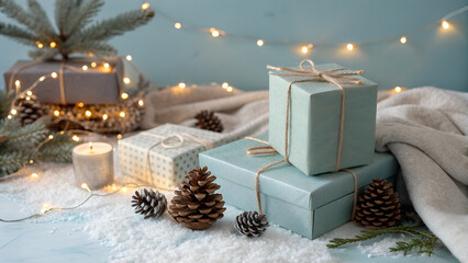 A festive Christmas tree stands adorned with red ornaments and gold balls near a burning candle and gift boxes, creating a warm holiday celebration with winter decor and glowing candlelight