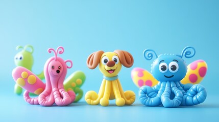 Obraz premium Adorable balloon animal characters arranged in playful composition, cheerful cartoon styling with bold colors, charming dog balloon with happy expression, whimsical butterfly with detailed wing