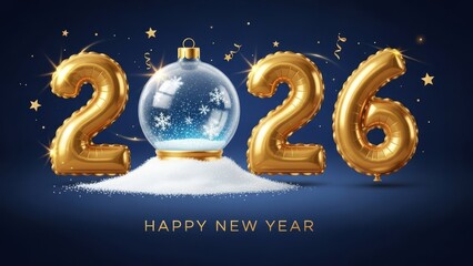 Golden 2026 numbers, snow globe, festive stars on deep blue for a joyful New Year celebration.