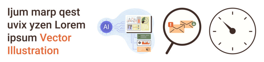 Identity verification, data analysis, communication, time management, information processing, AI technology. Digital interface with ID details, magnifying glass with email icons clock. Identity © robu_s